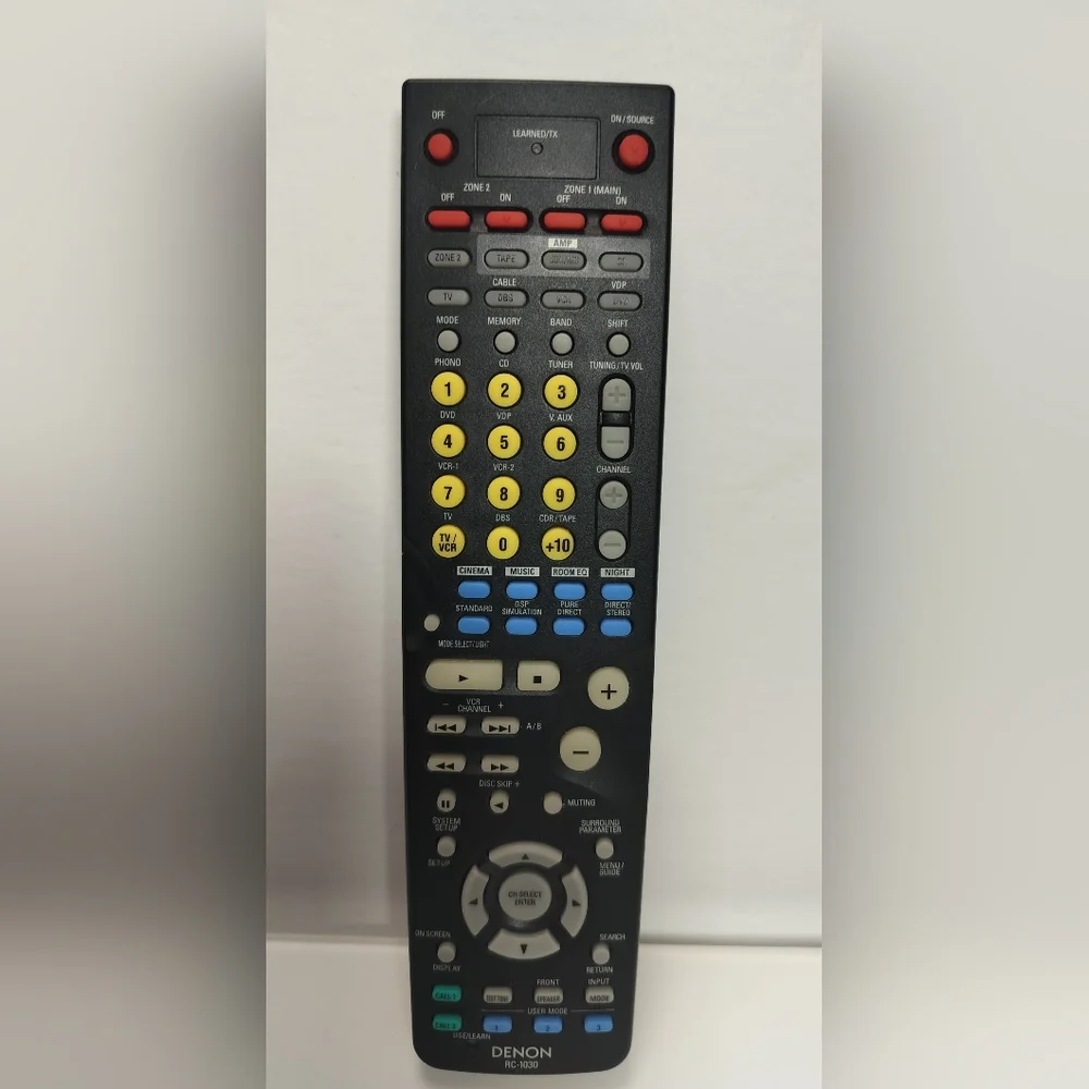 Denon RC-1030 Universal AV Receiver Remote - Black with Yellow & Blue Buttons Pr